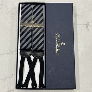 Brooks Brothers NEW Black Gray Diagonal Stripe Suspenders Silk Leather Silver